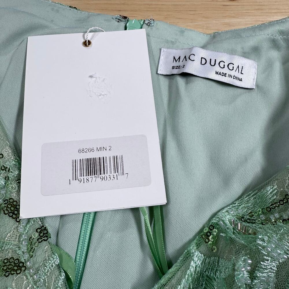 Mac Duggal NWT Green Puff Sleeve V Neck Floral Embellished Midi Dress Size 2 - Picture 5 of 9